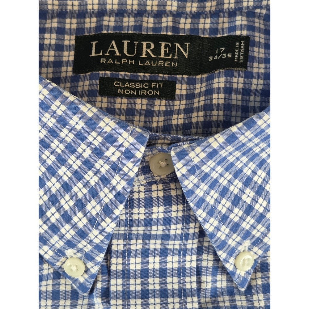 Lauren Ralph Lauren Mens 17 34/35 Classic Fit Non Iron Blue Gingham Dress Shirt - Picture 8 of 12